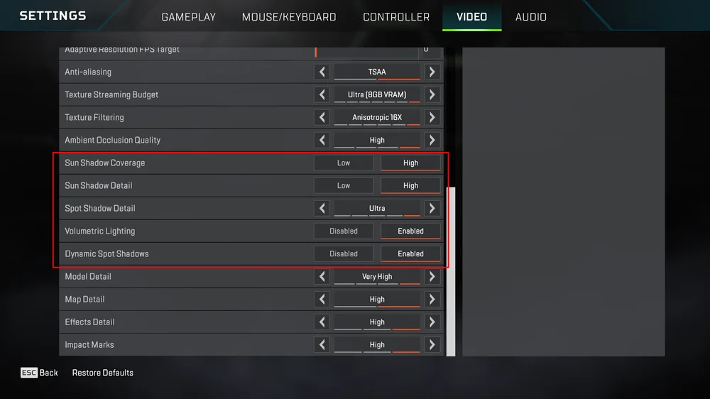 Screenshot of the settings screen from Apex Legends