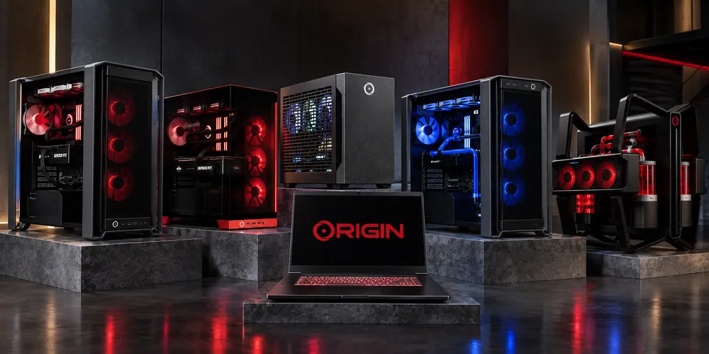 image of the origin pc desktop lineup and a laptop