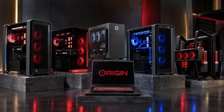 image of the origin pc desktop lineup and a laptop