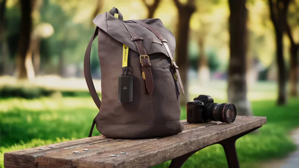 EX400U SURVIVOR Portable SSD Attached to Bag on Park Bench