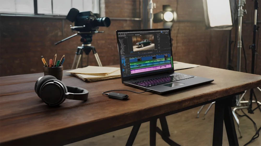 EX400U SURVIVOR Portable SSD Connected to a Laptop on a Bench