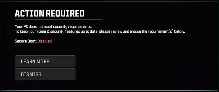 MW4 beta your pc does not meet security requirements secure boot disabled error message