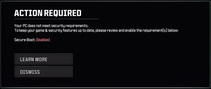 MW4 your pc does not meet security requirements secure boot disabled