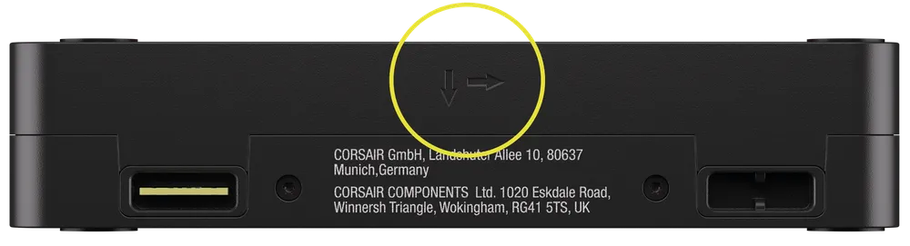 Visual showing a close-up of the side of a RX II RGB fan, focusing on airflow direction markers - QSG Visual