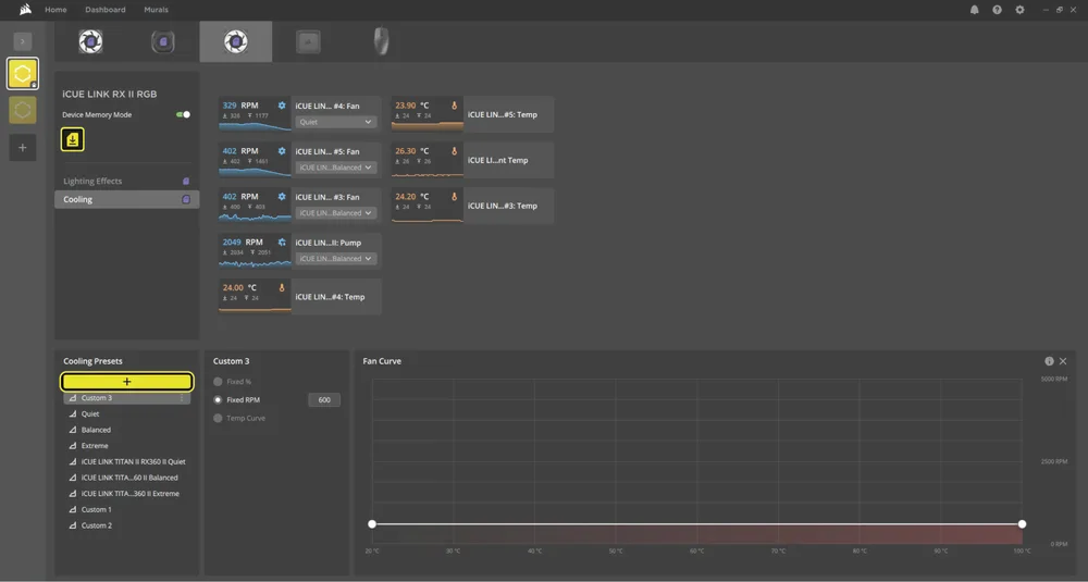 iCUE Software Device Memory Mode Cooling Screen - RX II RGB Fans - QSG Visual