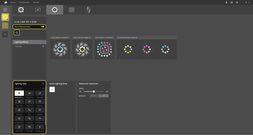 iCUE Software Device Memory Mode Lighting Screen - RX II RGB Fans - QSG Visual