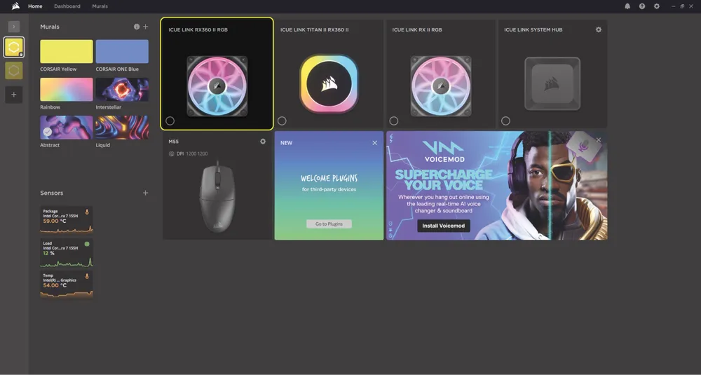 iCUE Software Home Screen - RX II RGB Fans - QSG Visual