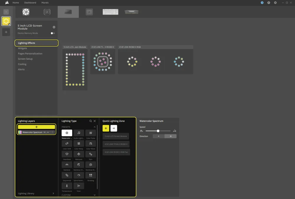 Lighting setup page in iCUE - QSG for TITAN II LCD