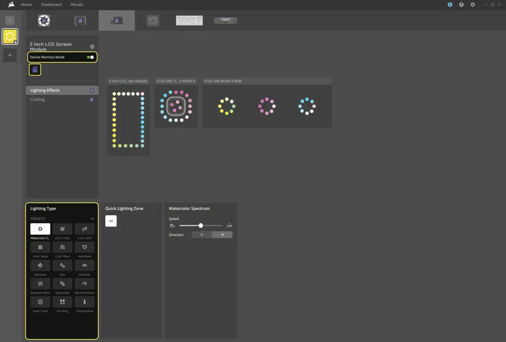Device Memory Mode Lighting Page Setup inside iCUE for TITAN II LCD - QSG Visual