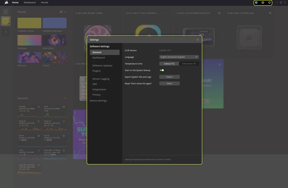 Settings screen in iCUE Software - TITAN II LCD - QSG Visual