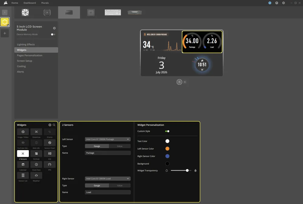 Widgets Screen in iCUE for TITAN II LCD - QSG Visual