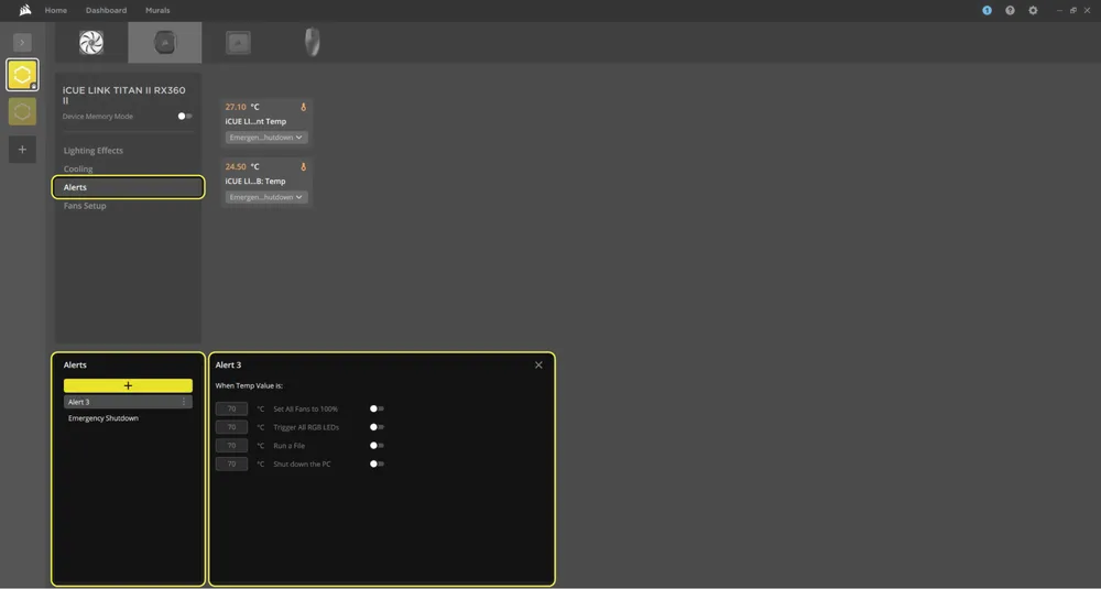 iCUE software Alerts page for TITAN II - QSG Visual