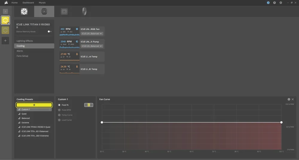 iCUE Screen showing Cooling Setup options - TITAN II - QSG Visual