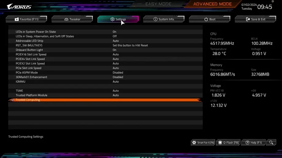 Opening the trusted computing settings in BIOS