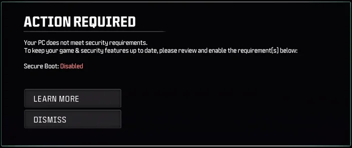 Your PC does not meet security requirements Call of Duty