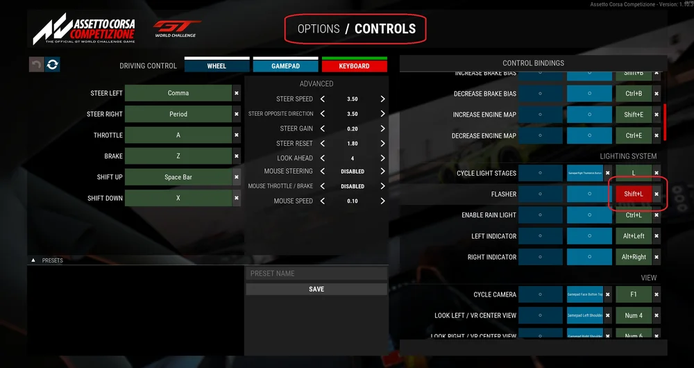 assetto corsa keybind menu