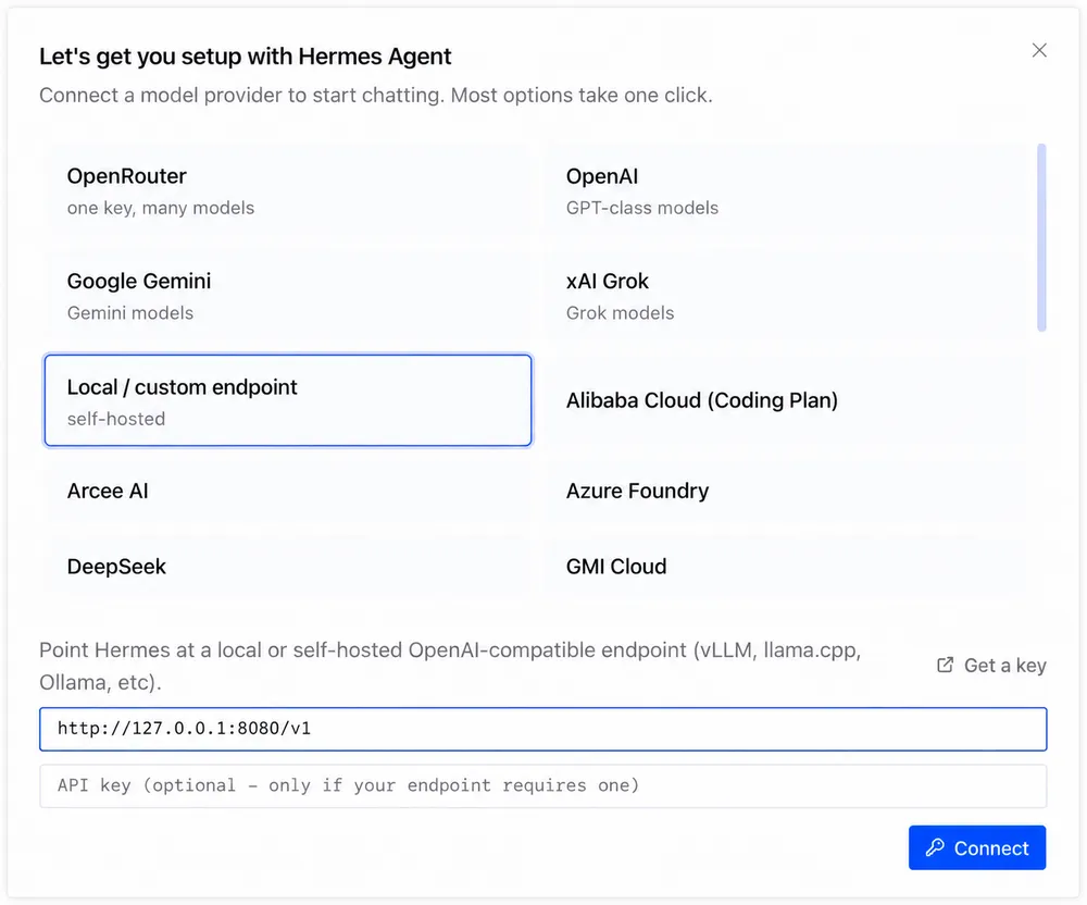 Edited detail of the Hermes Desktop v0.17 custom endpoint form with unsaved example address http://127.0.0.1:8080/v1 and an empty optional API key field.
