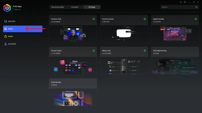 iCUE Apps apps page