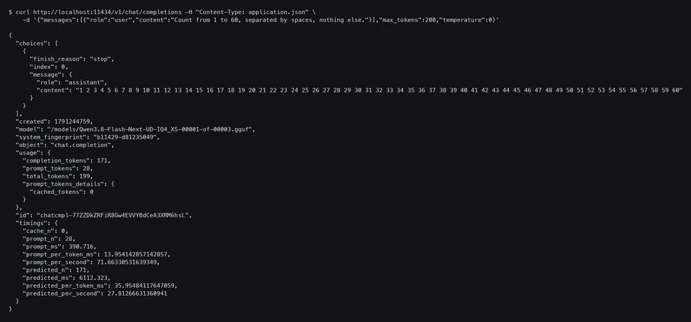 Qwen3.8-Flash-Next chat completion with llama.cpp timings on DGX Spark