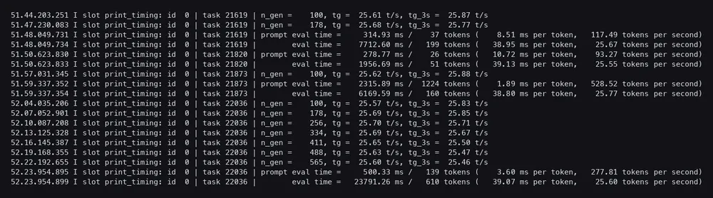 llama.cpp server log with measured prompt and generation throughput