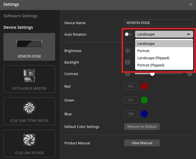 xeneon edge orientation settings